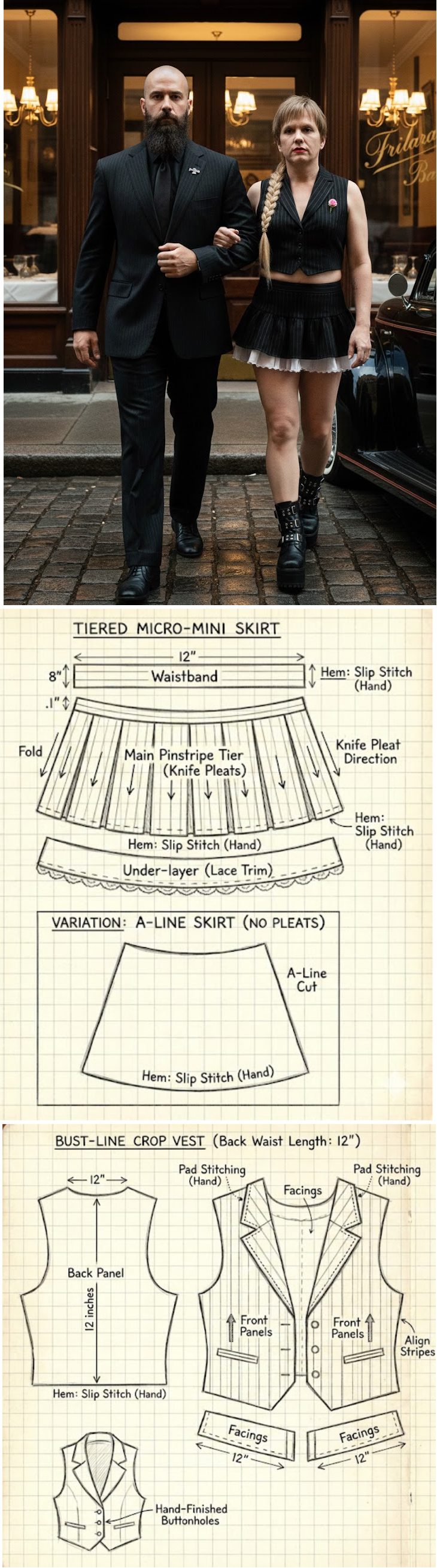 AI generated illustrations of a mafia inspired women's pinstripe outfit with hints of Gen-X Punk influences.
